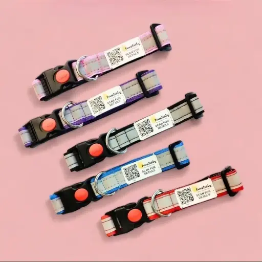[PRCAN001] QR-Enabled Reflective Collars for Stray Animals (Pack of 5 – With Anti-Theft Buckle & D-Ring, 25mm Strip)